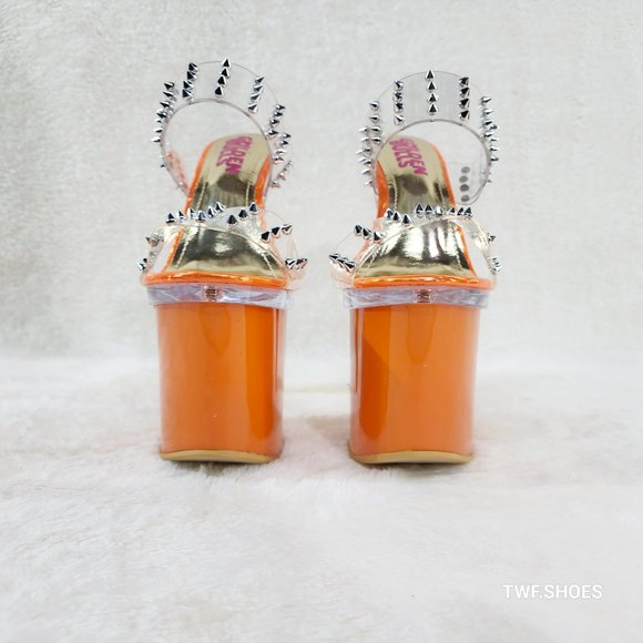 Sleek Slim 8" Towering Platform Heels Orange Double Clear Spiked Straps … - Picture 9 of 12